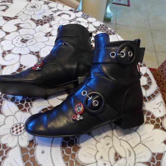 Christian Dior Black Leather Rhinestones Embellished Combat Boots Size 36.5B - Picture 1 of 16